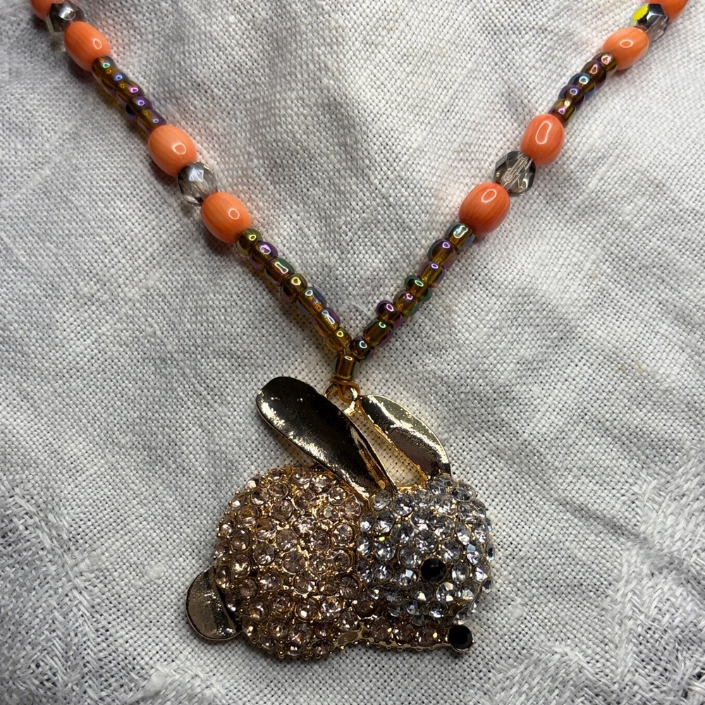 Crystal Bunny Pendant Necklace - Orange Beaded Women’s Jewelry